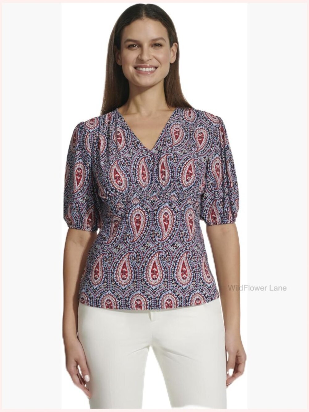 Short Sleeve V-Neck Smocked Paisley Top - Classic Fit